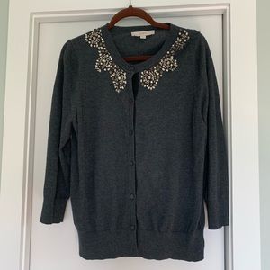 LOFT Gray Bejeweled Cardigan